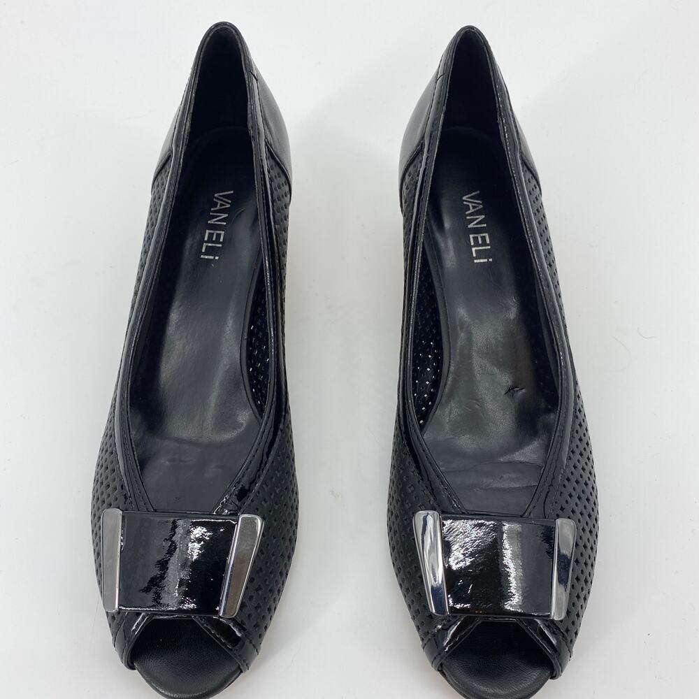 VANELI Retro Heel Black Leather Size 9 Peep Toe Slip On Cork Mini Wedge Pump